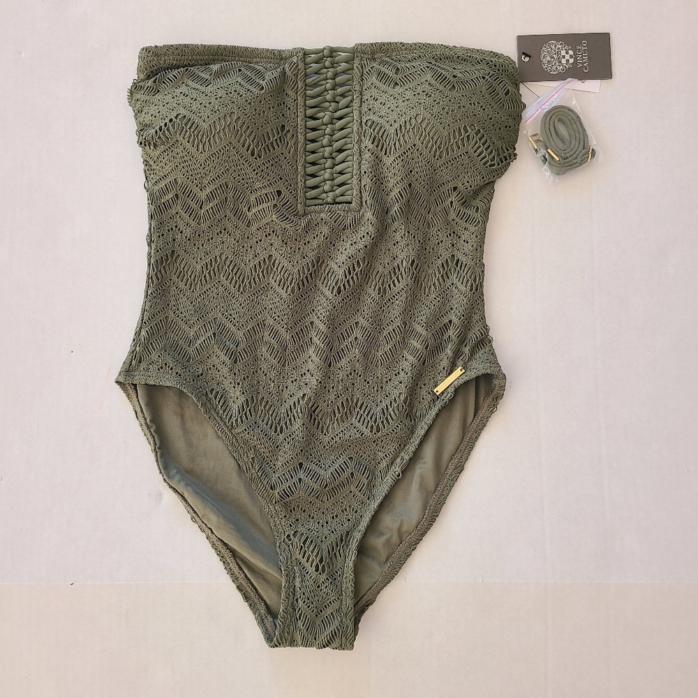 Vince Camuto Safari Green Swimsuit Size 10 Crochet Bandeau One-Piece NWT